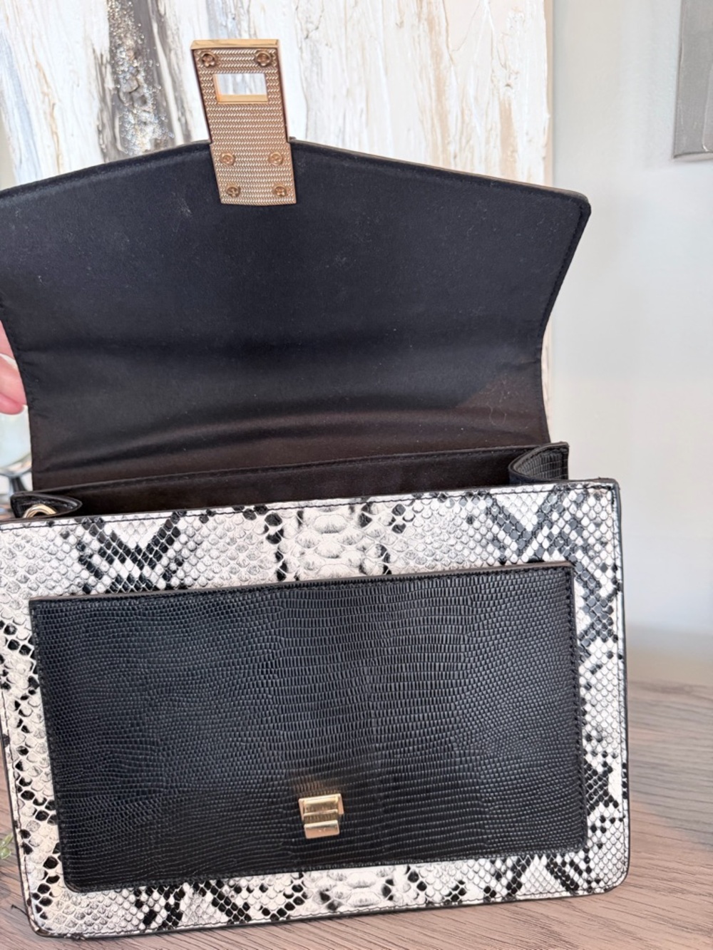 Aldo Black & White Snake-Print Top Handle Satchel with Gold Chain - Picture 7 of 12